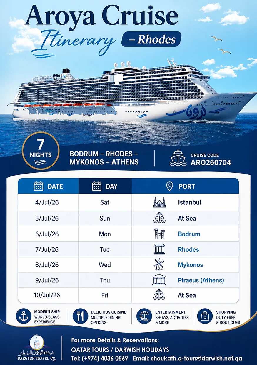Aroya Cruise — 7 night Rhodes itinerary via Bodrum, Mykonos and Athens, July 2026